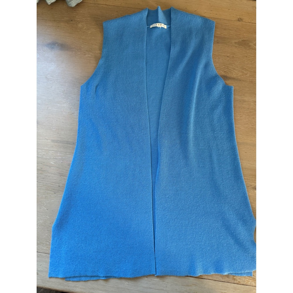 Cyrus Blue Open Front Knit Vest Longline Side Slits Large C052215